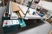 Lot 5 - MATERIAL CUTTING TABLE WITH 240V ROTARY TRAVELLING KNIFE, TABLE SIZE 3.38M WIDE x APPROX. 5M (VAT applicable)