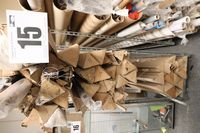 Lot 15 - GALVANISED 3-HEIGHT 4-WHEEL TROLLEY, COMPLETE WITH STOCK OF HORIZONTAL BLINDS OF VARIOUS LENGTH (VAT applicable)