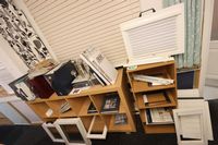 Lot 80 - BEECH 8-SECTION PIGEON HOLE RACK & CONTENTS OF SAMPLES, 4-SHELF OPEN SHELVES WITH SAMPLES, & VENETIAN BLIND TO BACK FITTING, & 2 CURTAINS TO BACK FITTING, & 3 UPVC FRAME SAMPLES (VAT applicable)