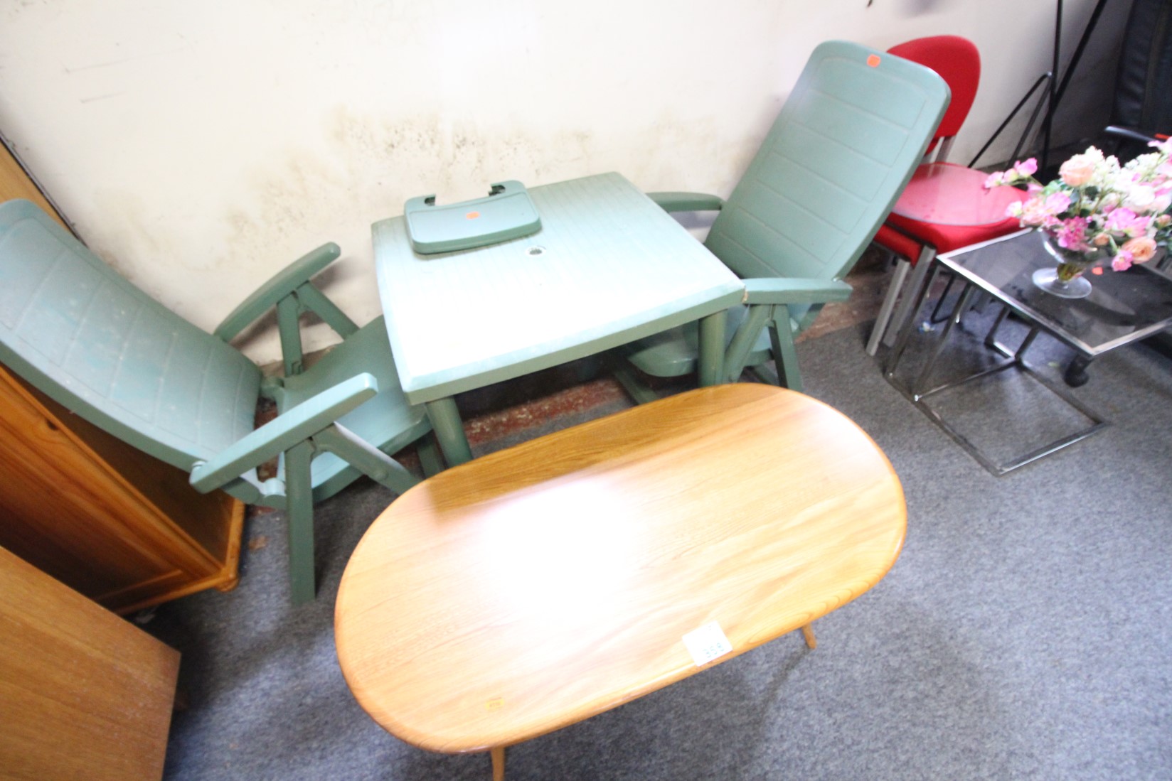 ERCOL TABLE AND 2 PATIO CHAIRS £60